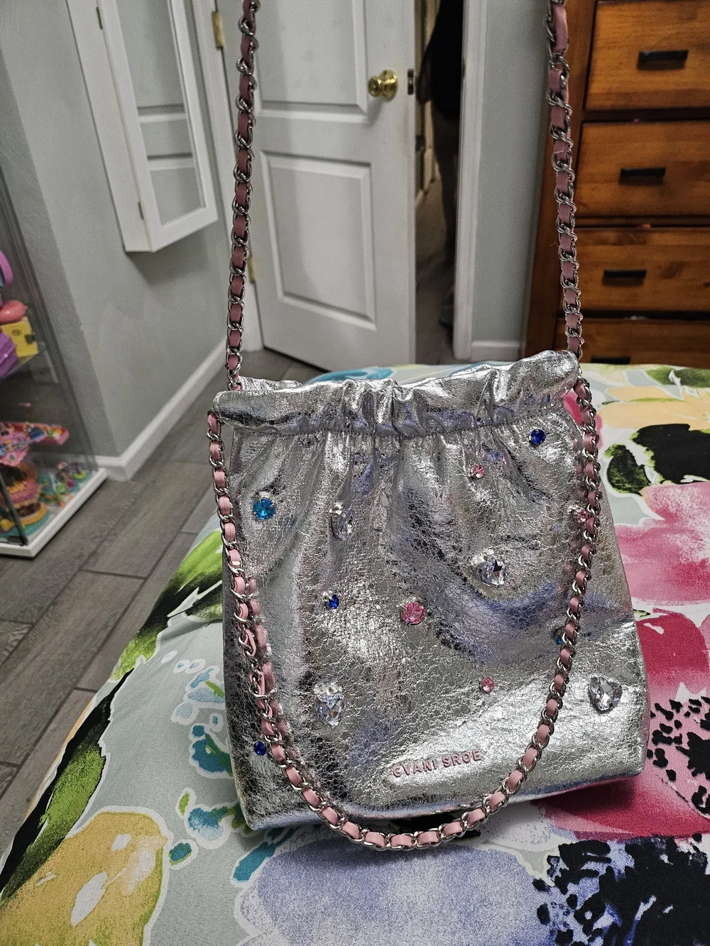 Jane & York Silver Metallic Crystal-Embellished Crossbody with Pink Trim